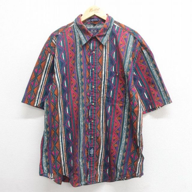 XL★古着 半袖 シャツ メンズ 90年代 90s ネイティブ柄 ラグ柄 大きいサイズ ロング丈 薄紺他 ネイビー ストライプ 25jun18 中古 トップス