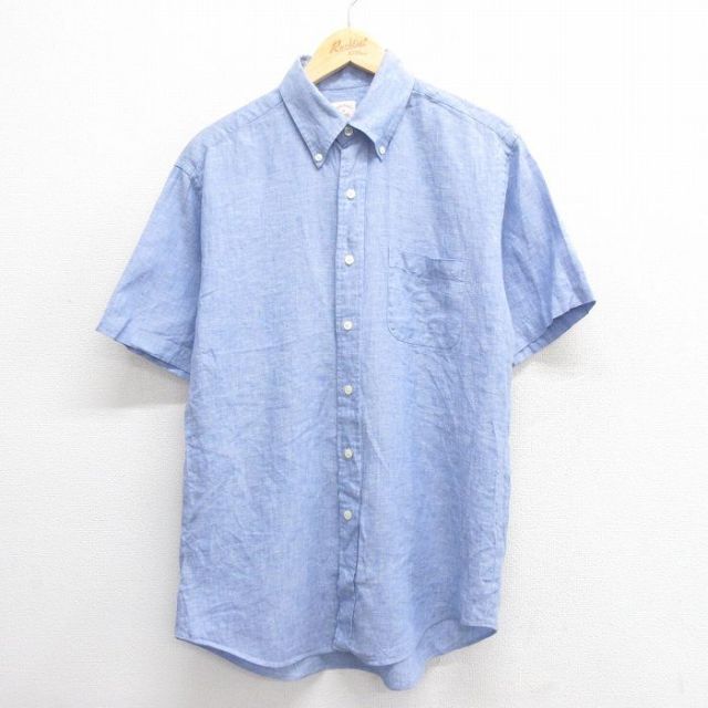 M★古着 ブルックスブラザーズ BROOKS BROTHERS 半袖 ブランド シャツ メンズ リネン ボタンダウン 薄紺 ネイビー 25jun18 中古 トップス