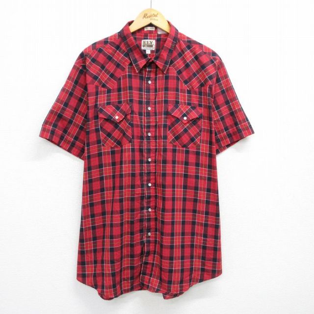 XL★古着 ELY 半袖 ウエスタン シャツ メンズ 90年代 90s 大きいサイズ ロング丈 赤他 レッド チェック 25jun18 中古 トップス