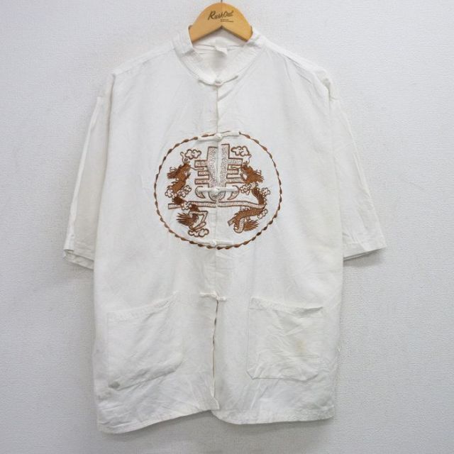 XL★古着 半袖 チャイナ シャツ メンズ 龍 刺繍 大きいサイズ ノーカラー 白 ホワイト 25jun18 中古 トップス