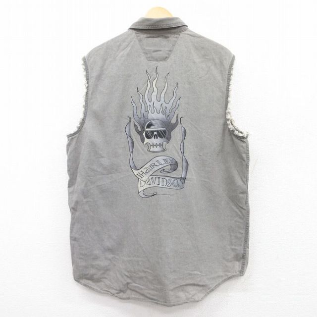 XL★古着 ハーレーダビッドソン Harley Davidson ノースリーブ シャツ メンズ スカル ロング丈 コットン 濃グレー デニム 25jun18 中古 トップス