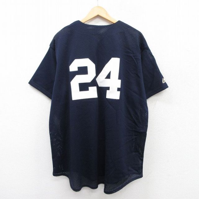 XL★古着 マジェスティック 半袖 ベースボール シャツ メンズ MLB ニューヨークヤンキース 24 メッシュ地 大きいサイズ 紺 ネイビー メジャーリーグ 野球 25jun18 中古 トップス