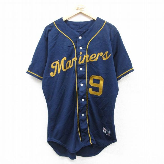 XL★古着 半袖 ベースボール シャツ メンズ 90年代 90s ボストンマリナーズ 9 メッシュ地 ロング丈 USA製 紺 ネイビー 25jun18 中古 トップス