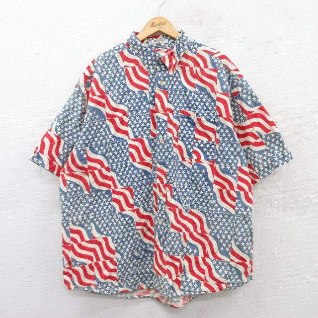 XL★古着 オービス ORVIS 半袖 シャツ メンズ 00年代 00s 星条旗 大きいサイズ コットン ボタンダウン 薄紺他 ネイビー 【spe】 25jun18 中古 トップス