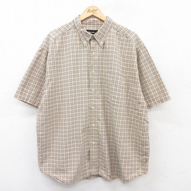 XL★古着 エディーバウアー 半袖 シャツ メンズ 00年代 00s 大きいサイズ ロング丈 コットン ボタンダウン ベージュ他 カーキ チェック 【spe】 25jun18 中古 トップス