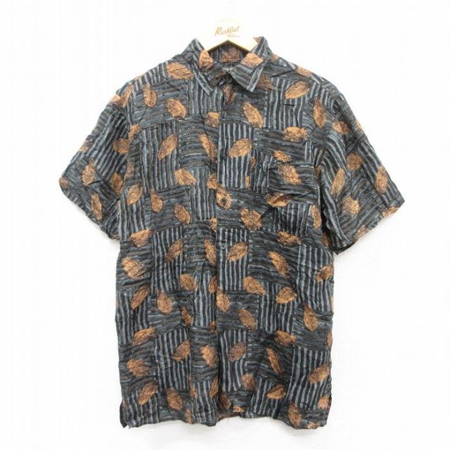 M★古着 半袖 シャツ メンズ 90年代 90s 葉 総柄 シルク 黒他 ブラック 25jun18 中古 トップス