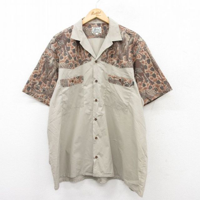 【50%OFF】XL★古着 半袖 シャツ メンズ ゾウ キリン ロング丈 開襟 オープンカラー ベージュ他 カーキ 25jun18 中古 トップス
