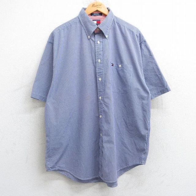 XL★古着 トミーヒルフィガー TOMMY HILFIGER 半袖 ブランド シャツ メンズ 90年代 90s ワンポイントロゴ 大きいサイズ ロング丈 コットン ボタンダウン 紫 パープル ギンガム チェック 25jun18 中古 トップス