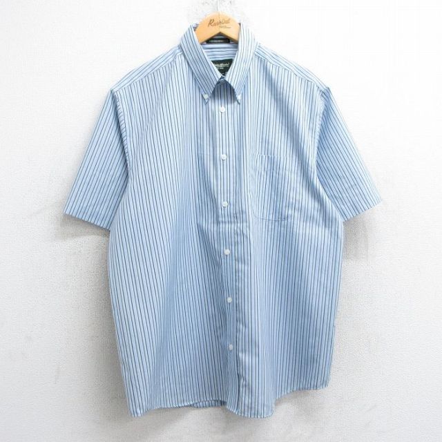 XL★古着 エディーバウアー 半袖 シャツ メンズ コットン ボタンダウン 薄紺他 ネイビー ストライプ 25jun18 中古 トップス