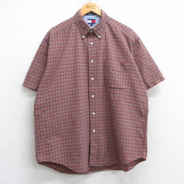 XL★古着 トミーヒルフィガー TOMMY HILFIGER 半袖 ブランド シャツ メンズ 90年代 90s ワンポイントロゴ オックスフォード 大きいサイズ コットン ボタンダウン 赤他 レッド チェック 【spe】 25jun19 中古 トップス