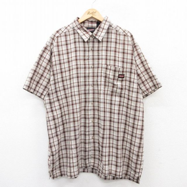 XL★古着 ディッキーズ Dickies 半袖 シャツ メンズ 大きいサイズ ロング丈 茶他 ブラウン チェック 25jun20 中古 トップス