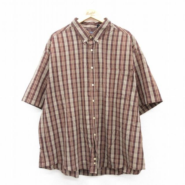 XL★古着 ピューリタン 半袖 シャツ メンズ 00年代 00s 大きいサイズ ロング丈 ボタンダウン 茶他 ブラウン チェック 25jun20 中古 トップス