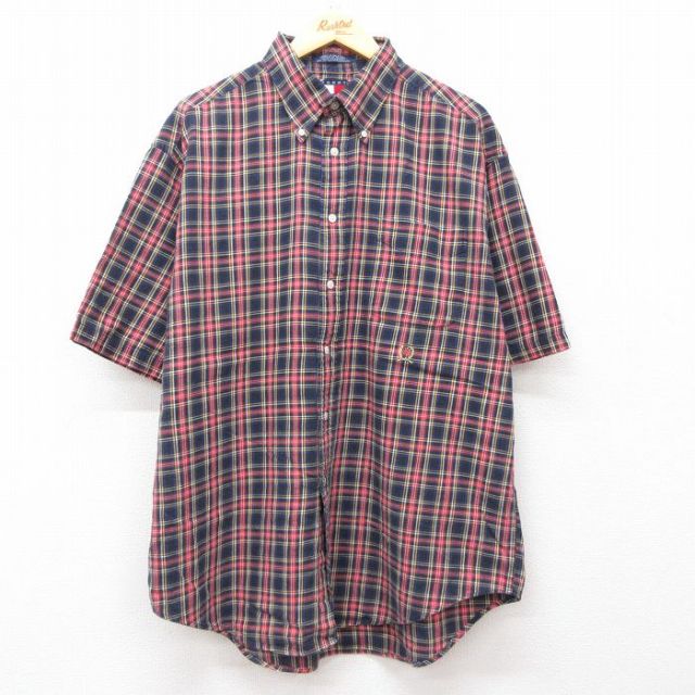 XL★古着 トミーヒルフィガー TOMMY HILFIGER 半袖 ブランド シャツ メンズ 90年代 90s ワンポイントロゴ 大きいサイズ コットン ボタンダウン 黒他 ブラック チェック 25jun21 中古 トップス