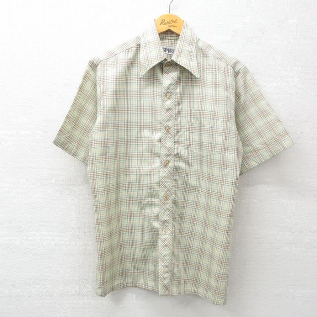 M★古着 半袖 シャツ メンズ 80年代 80s 濃ベージュ他 カーキ チェック 25jun21 中古 トップス