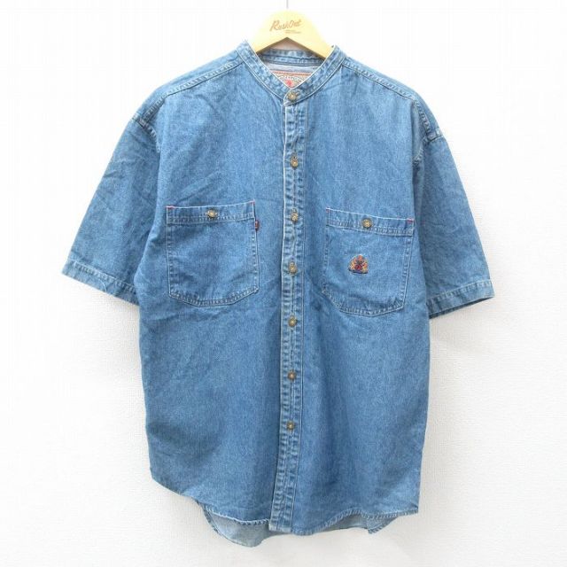 L★古着 半袖 シャツ メンズ 90年代 90s ワンポイントロゴ コットン ノーカラー 紺 ネイビー デニム 【spe】 25jun21 中古 トップス