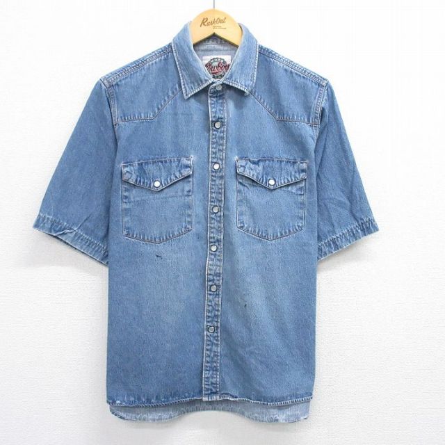 XL★古着 半袖 ウエスタン シャツ メンズ 00年代 00s 大きいサイズ コットン 紺 ネイビー デニム 25jun23 中古 トップス