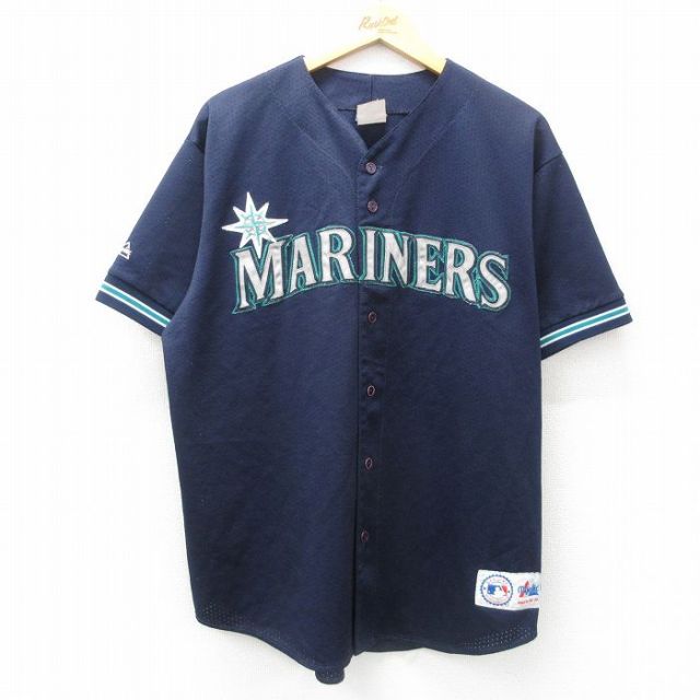 XL★古着 マジェスティック 半袖 ベースボール シャツ メンズ 90年代 90s MLB シアトルマリナーズ メッシュ地 USA製 紺他 ネイビー メジャーリーグ 野球 【spe】 25jun23 中古 トップス