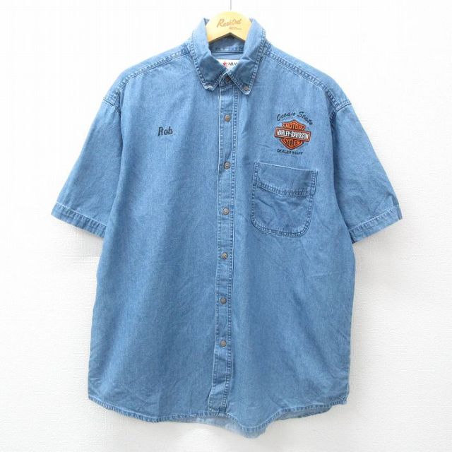 XL★古着 半袖 シャツ メンズ ハーレーダビッドソン Harley Davidson 大きいサイズ コットン ボタンダウン 紺 ネイビー デニム 【spe】 25jun23 中古 トップス