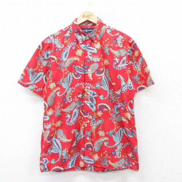 M★古着 ラルフローレン Ralph Lauren 半袖 ブランド シャツ メンズ 90年代 90s ペイズリー柄 コットン ボタンダウン 赤 レッド 【spe】 25jun23 中古 トップス