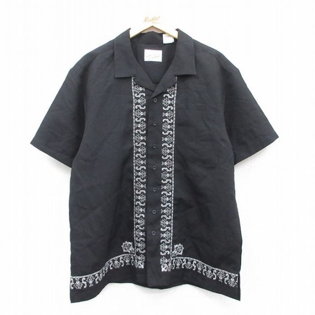 XL★古着 半袖 シャツ メンズ 開襟 オープンカラー 黒 ブラック 25jun23 中古 トップス