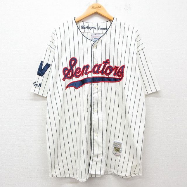 XL★古着 スターター STARTER 半袖 ベースボール シャツ メンズ 00年代 00s MLB ワシントンセネタース大きいサイズ ロング丈 生成り他 ストライプ メジャーリーグ 野球 【spe】 25jun23 中古 トップス