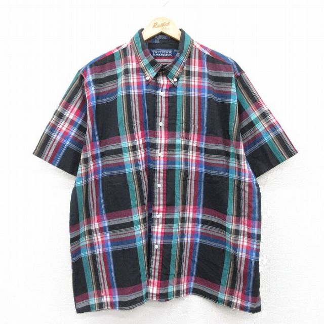 XL★古着 バンヒューセン 半袖 シャツ メンズ 90年代 90s 大きいサイズ ボタンダウン 黒他 ブラック チェック 【spe】 25jun24 中古 トップス