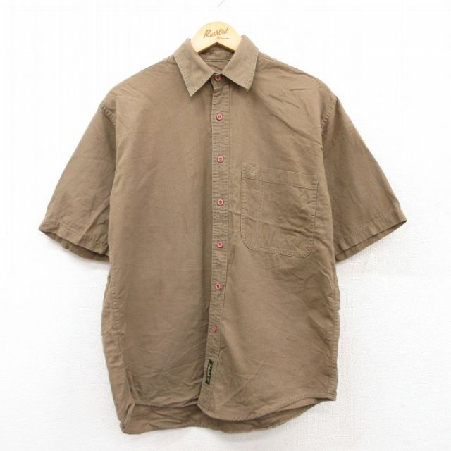 XL★古着 ティンバーランド 半袖 シャツ メンズ 90年代 90s ワンポイントロゴ コットン 茶 ブラウン 25jun24 中古 トップス
