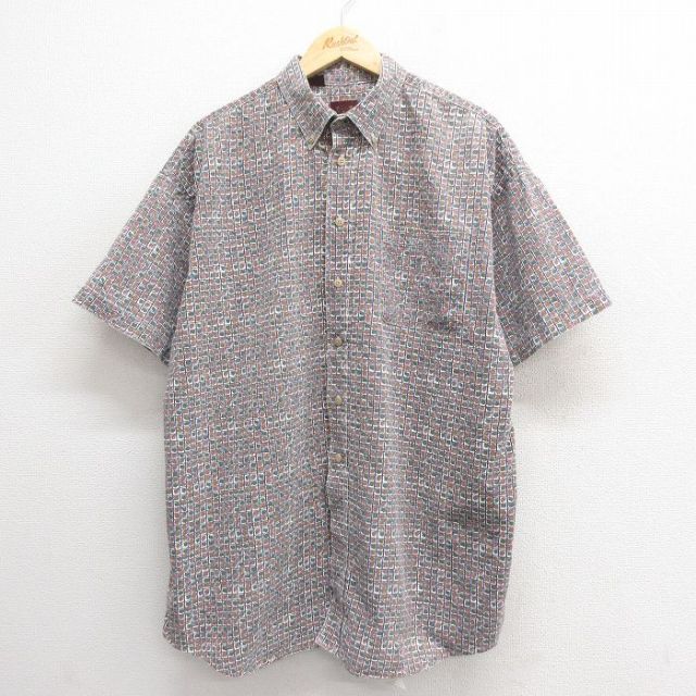 XL★古着 HAGGAR 半袖 シャツ メンズ 90年代 90s 大きいサイズ ロング丈 コットン ボタンダウン USA製 緑他 グリーン 25jun24 中古 トップス