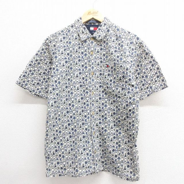 M★古着 トミーヒルフィガー TOMMY HILFIGER 半袖 ブランド シャツ メンズ 90年代 90s ワンポイントロゴ コットン 紺他 ネイビー 25jun24 中古 トップス