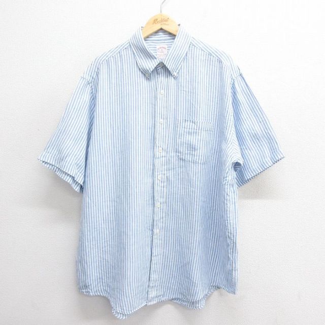 XL★古着 ブルックスブラザーズ BROOKS BROTHERS 半袖 ブランド シャツ メンズ 大きいサイズ ロング丈 リネン ボタンダウン 白他 ホワイト ストライプ 【spe】 25jun24 中古 トップス