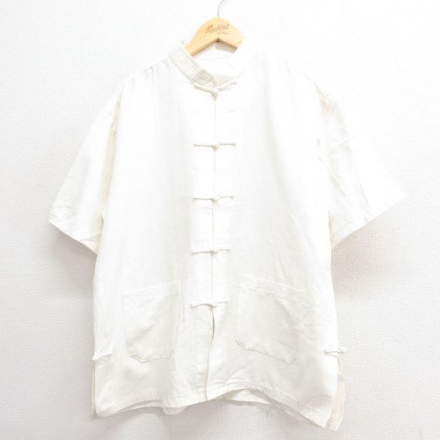 XL★古着 半袖 チャイナ シャツ メンズ スタンドカラー 生成り 25jun24 中古 トップス