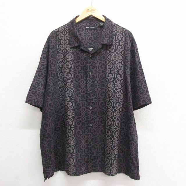 XL★古着 半袖 シャツ メンズ 総柄 シルク 大きいサイズ 開襟 オープンカラー 黒他 ブラック 25jun24 中古 トップス