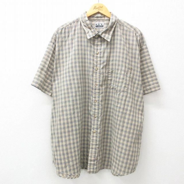 XL★古着 キー KEY 半袖 シャツ メンズ 大きいサイズ ロング丈 濃緑他 グリーン チェック 25jun25 中古 トップス