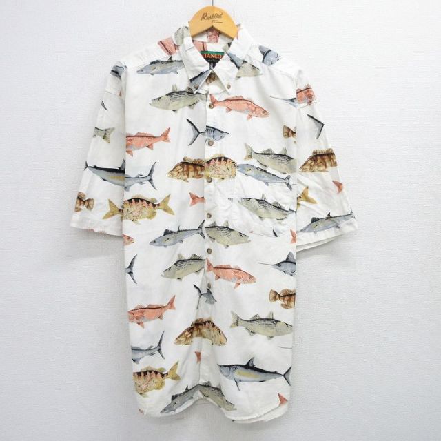 XL★古着 半袖 シャツ メンズ 90年代 90s 魚 総柄 大きいサイズ ロング丈 コットン ボタンダウン 白他 ホワイト 25jun25 中古 トップス
