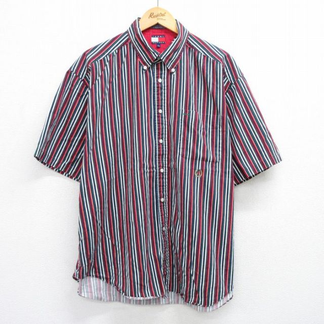 XL★古着 トミーヒルフィガー TOMMY HILFIGER 半袖 ブランド シャツ メンズ 90年代 90s ワンポイントロゴ 大きいサイズ コットン ボタンダウン 紺他 ネイビー ストライプ 【spe】 25jun25 中古 トップス