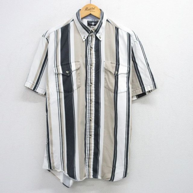 XL★古着 半袖 ウエスタン シャツ メンズ 80年代 80s コットン ボタンダウン USA製 白他 ホワイト ストライプ 25jun25 中古 トップス