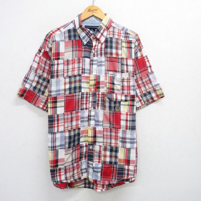 XL★古着 トミーヒルフィガー TOMMY HILFIGER 半袖 ブランド シャツ メンズ ワンポイントロゴ パッチワーク 大きいサイズ コットン ボタンダウン 赤他 レッド チェック 【spe】 25jun25 中古 トップス