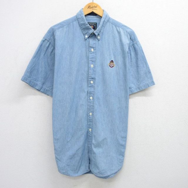 XL★古着 ラルフローレン Ralph Lauren チャップス 半袖 シャツ メンズ 80年代 80s ワンポイントロゴ 大きいサイズ コットン ボタンダウン 薄紺 ネイビー デニム 25jun25 中古 トップス