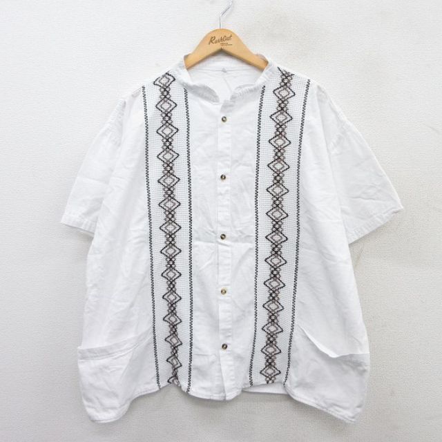 XL★古着 半袖 シャツ メンズ 刺繍 大きいサイズ スタンドカラー 白 ホワイト 25jun25 中古 トップス