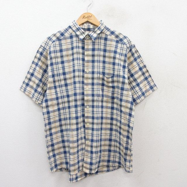 L★古着 半袖 シャツ メンズ 90年代 90s リネン 生成り他 チェック 25jun25 中古 トップス