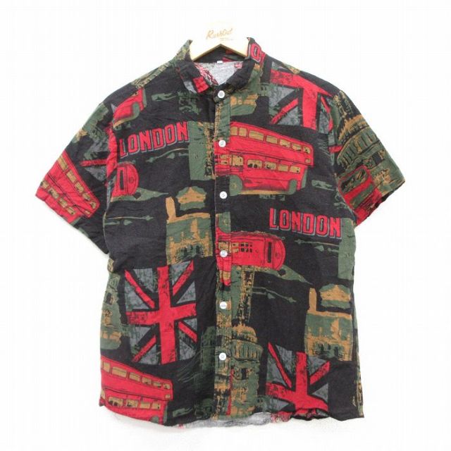 M★古着 半袖 シャツ メンズ ロンドン ユニオンジャック バス 総柄 黒他 ブラック 25jun25 中古 トップス