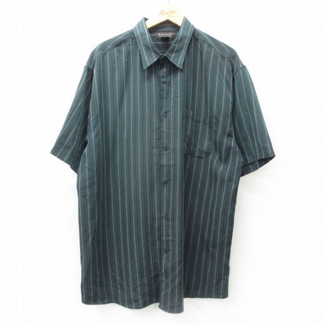 XL★古着 半袖 シャツ メンズ 大きいサイズ ロング丈 濃緑系 グリーン ストライプ 25jun26 中古 トップス