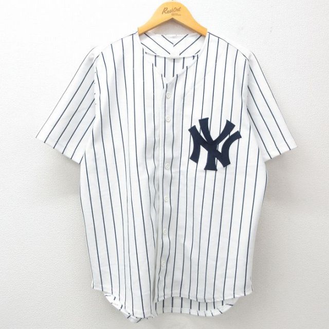 XL★古着 半袖 ベースボール シャツ メンズ 90年代 90s MLB ニューヨークヤンキース 18 USA製 白地 ホワイト ストライプ メジャーリーグ野球 【spe】 25jun26 中古 トップス