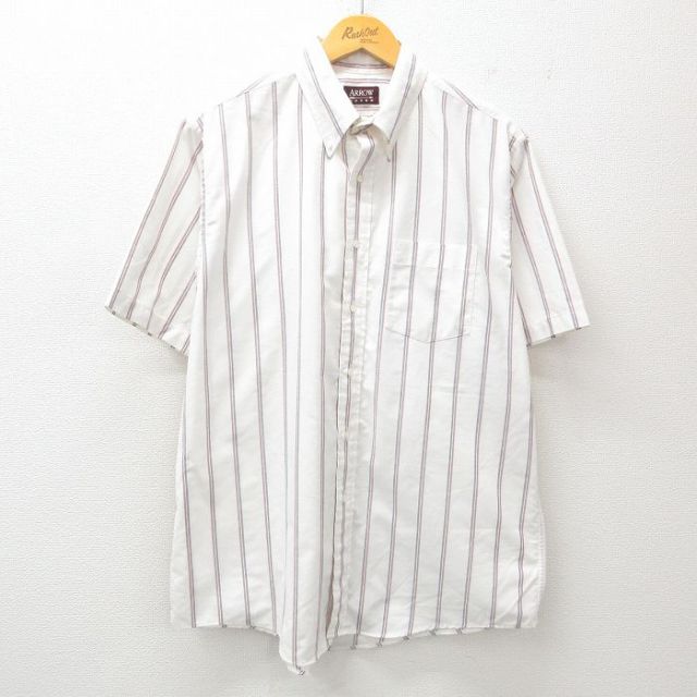 XL★古着 アロー 半袖 シャツ メンズ 90年代 90s 大きいサイズ ボタンダウン 白他 ホワイト ストライプ 25jun26 中古 トップス