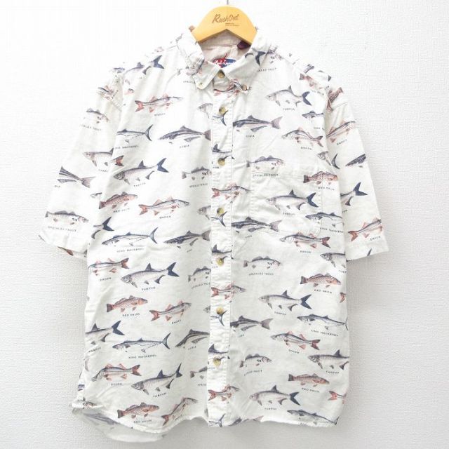 XL★古着 半袖 シャツ メンズ 魚 コットン ボタンダウン 白他 ホワイト 【spe】 25jun26 中古 トップス