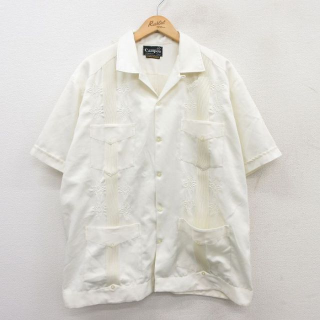 XL★古着 半袖 キューバ シャツ メンズ 大きいサイズ 開襟 オープンカラー 生成り 25jun28 中古 トップス