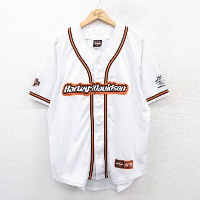 XL★古着 ハーレーダビッドソン Harley Davidson 半袖 ベースボール シャツ メンズ ビッグロゴ 刺繍 ラグラン ロング丈 白他 ホワイト 【spe】 25jun28 中古 トップス
