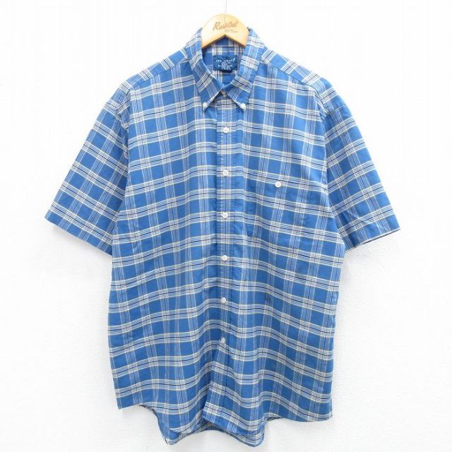 XL★古着 タウンクラフト 半袖 シャツ メンズ 90年代 90s ボタンダウン 薄紺他 ネイビー チェック 25jun28 中古 トップス