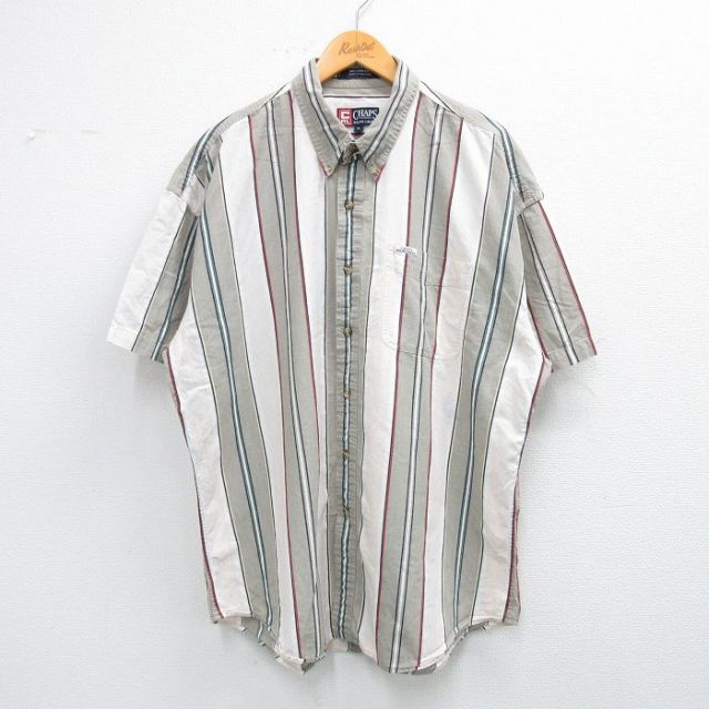 【50%OFF】XL★古着 ラルフローレン Ralph Lauren チャップス 半袖 ブランド シャツ メンズ 大きいサイズ ロング丈 コットン ボタンダウン ベージュ系他 カーキ ストライプ 25jun28 中古 トップス
