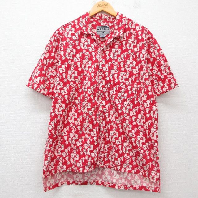 XL★古着 半袖 シャツ メンズ 00年代 00s 顔 総柄 コットン 赤 レッド 25jun28 中古 トップス